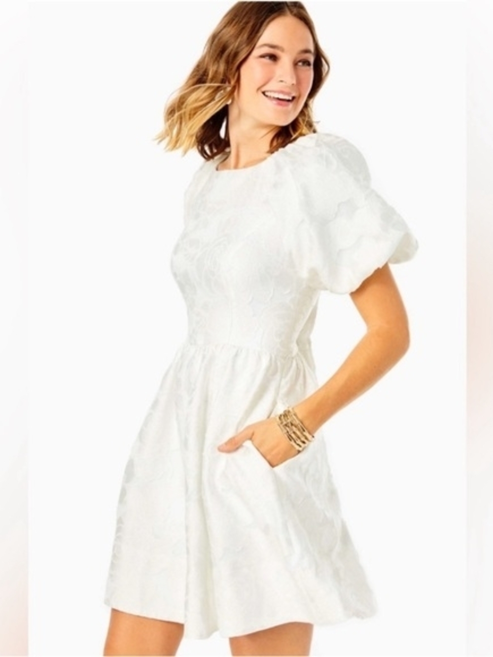 Lilly Pulitzer Sz 4 NWT White Puff Sleeve A-Line Dress - Elegant Everyday